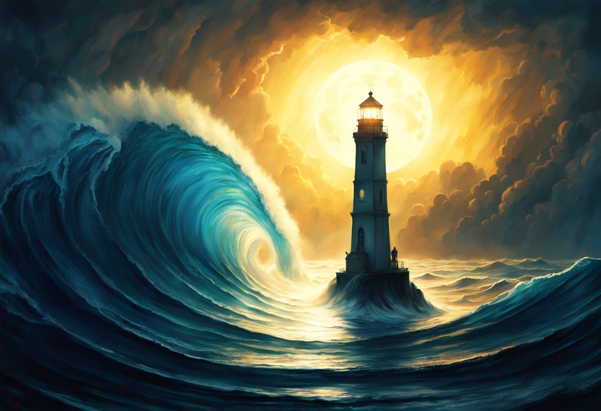 Lighthouse Battles Colossal Wave Under Full Moon Sky