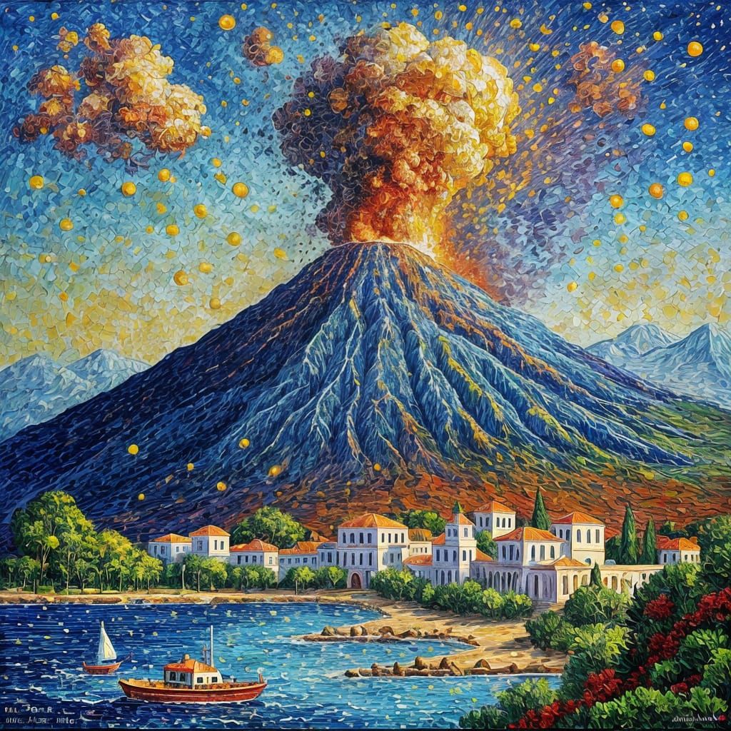 Volcanic Eruption on Greek Island in Pointillism Style