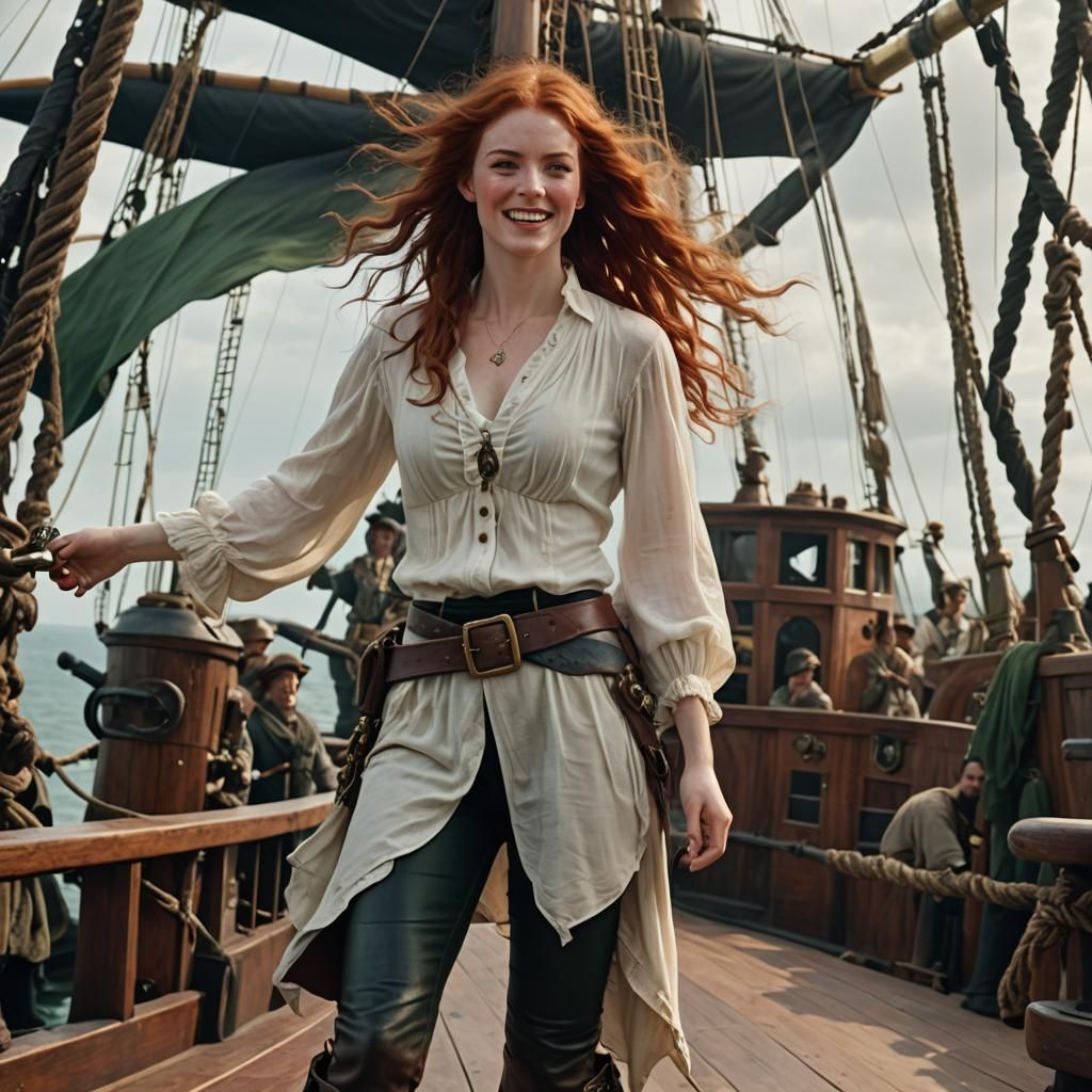 Redhead Pirate Woman on Deck in Cinematic Style