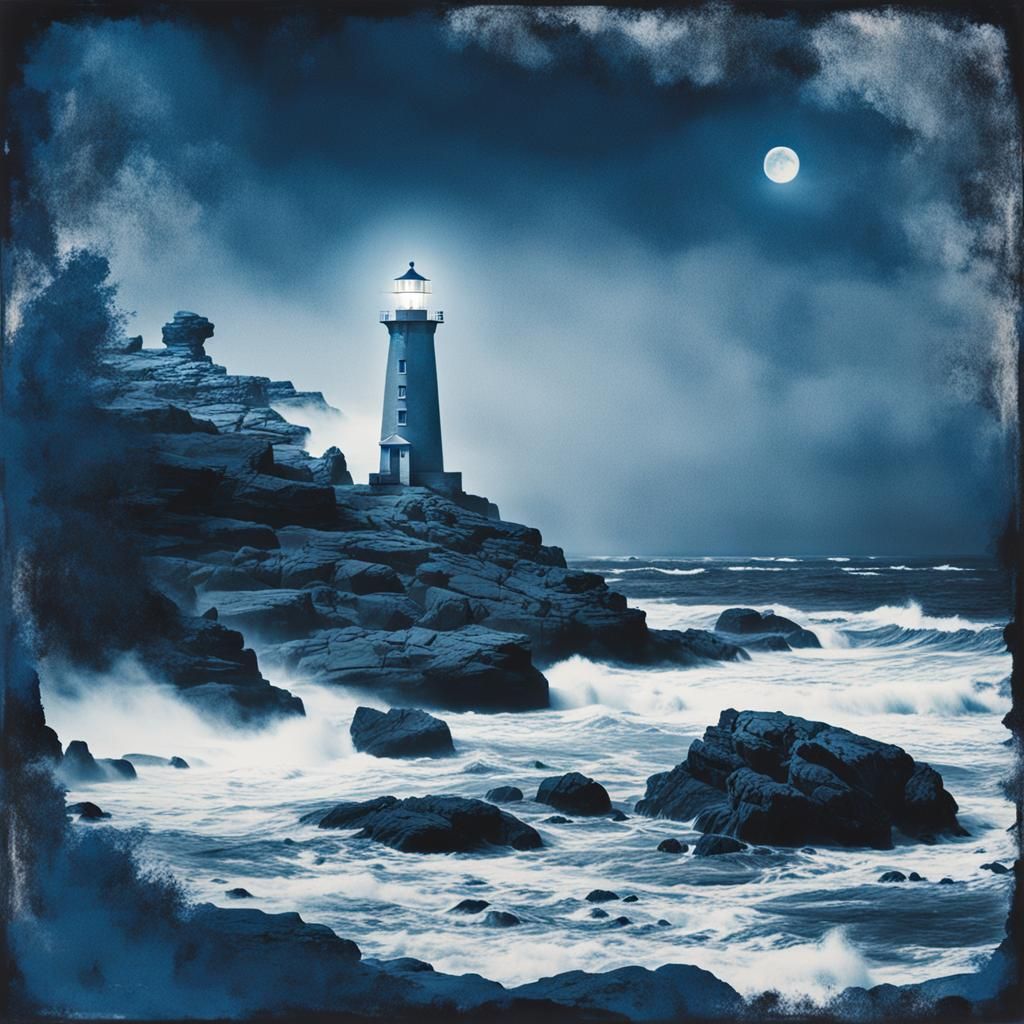 Ethereal Cyanotype Lighthouse on Rocky Beach