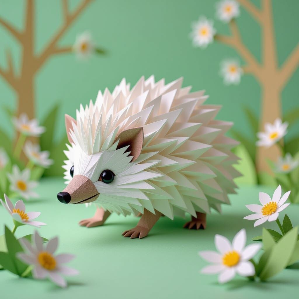 Origami Paper Hedgehog in Whimsical Forest