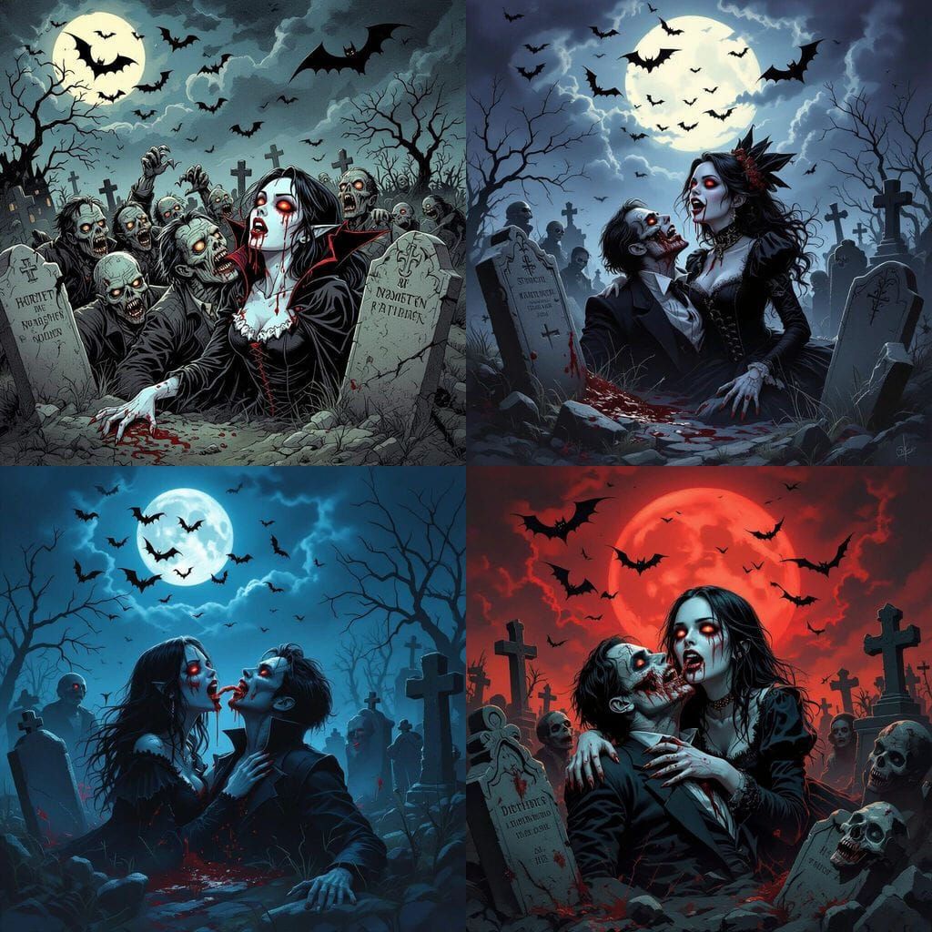 Gothic Vampire Girl Bites Neck in Zombie Graveyard
