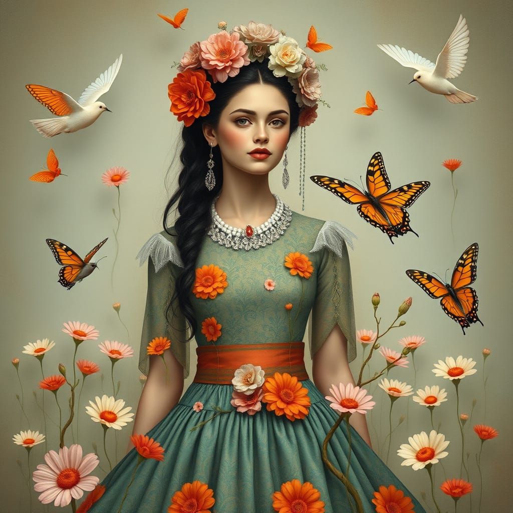 Spring Woman with Butterflies and Birds