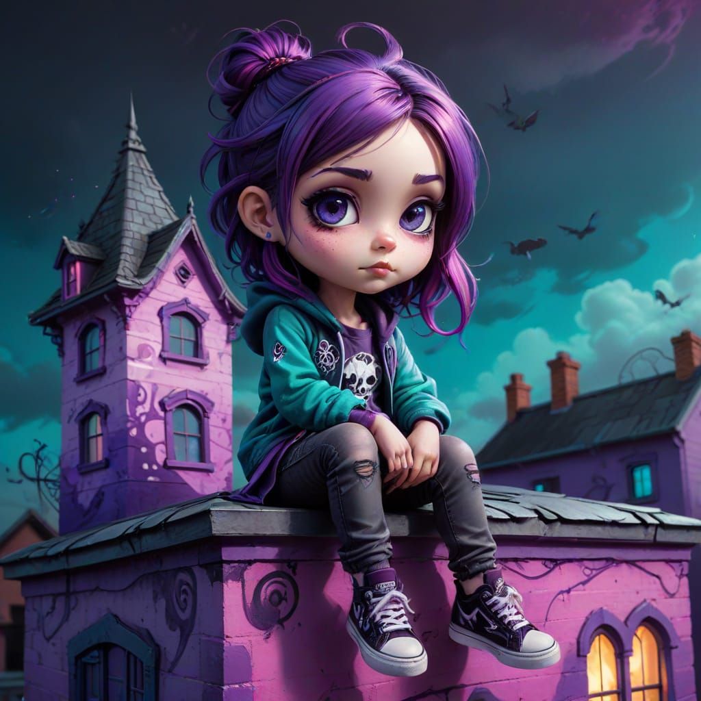 Gothic Chibi Lady on Purple House Roof