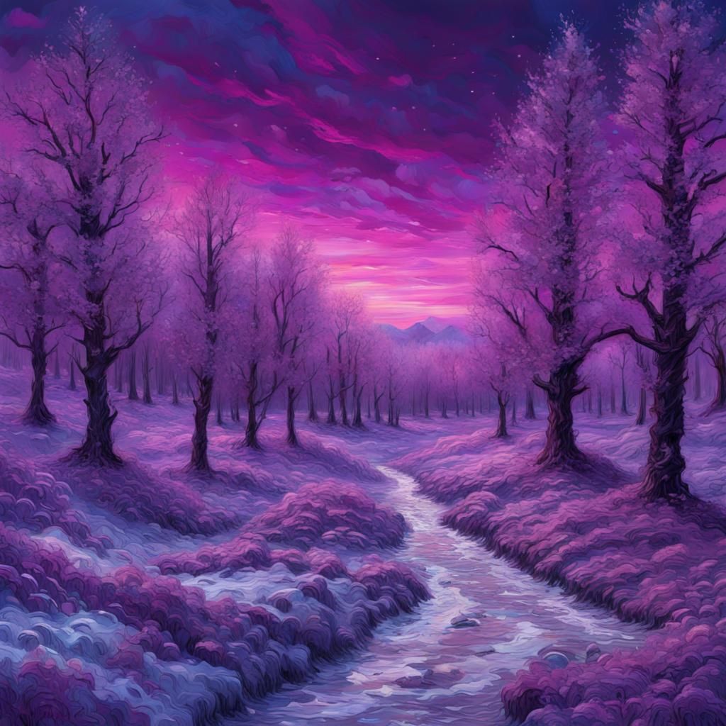 Purple Sky Over Glittering Winter Forest, Van Gogh Style