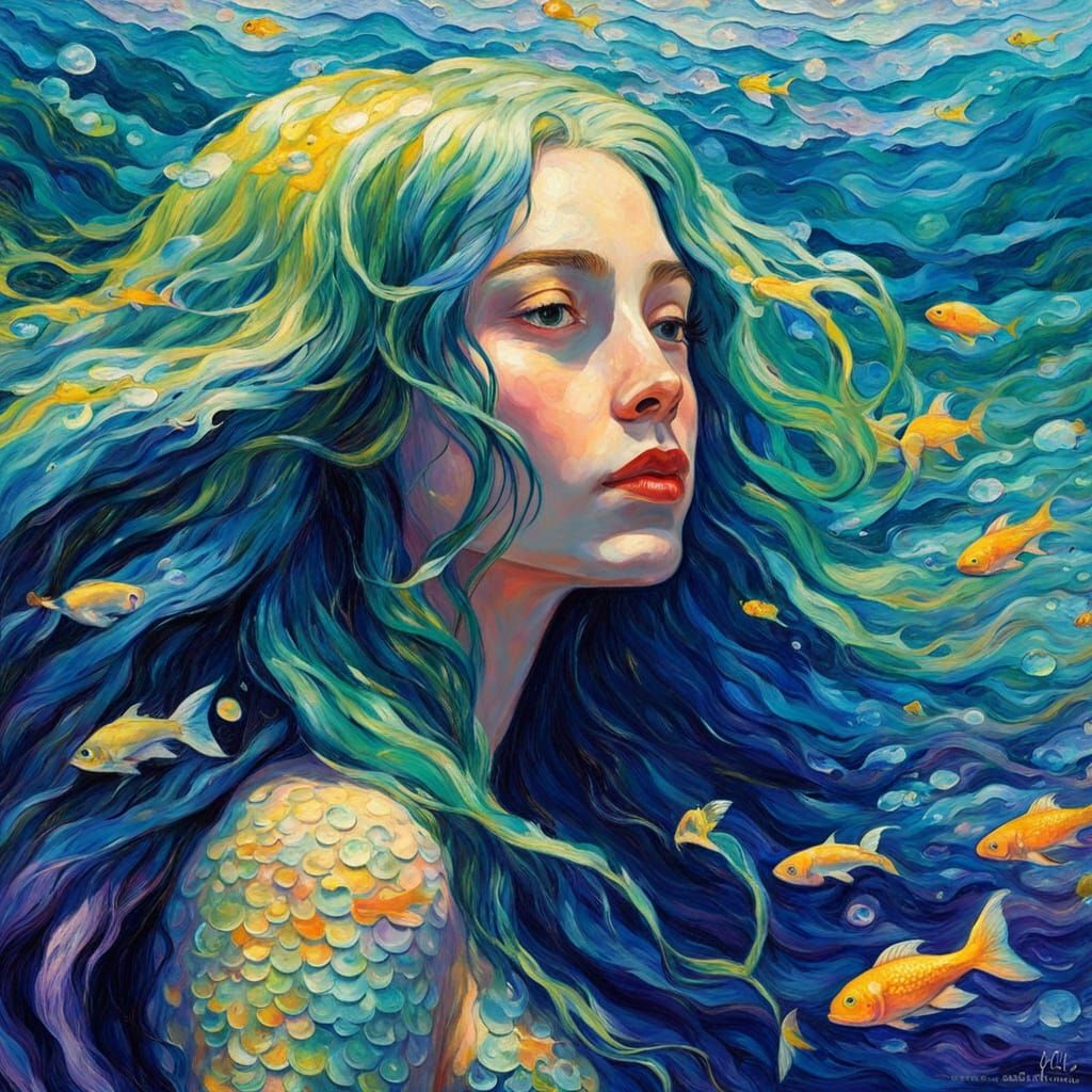 Stunning Neo-Impressionist Mermaid Portrait in Vibrant Ocean...
