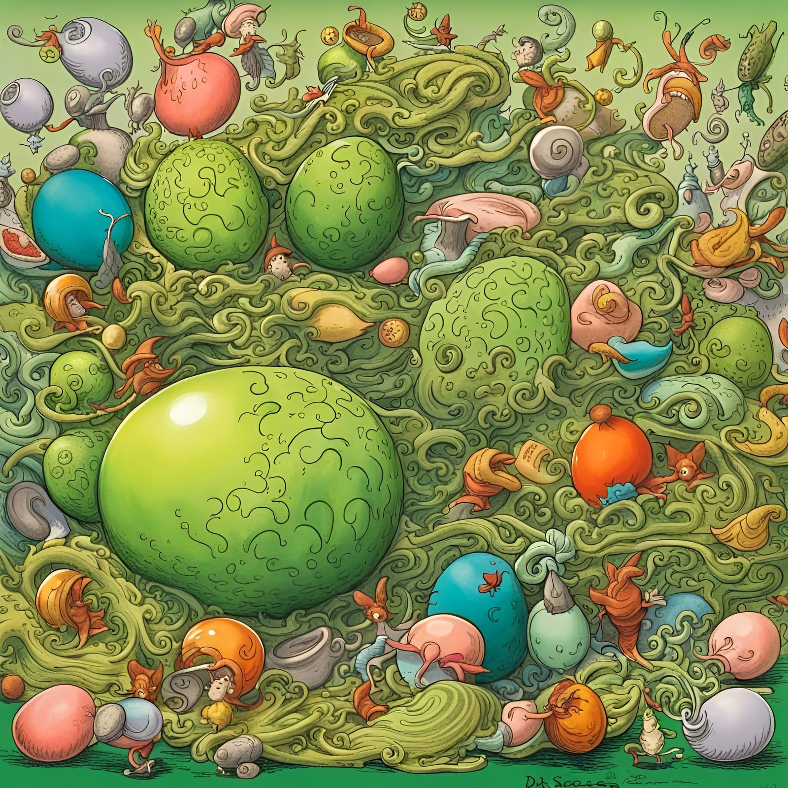 Whimsical cartoon of Green Eggs and Ham by Dr. Seuss