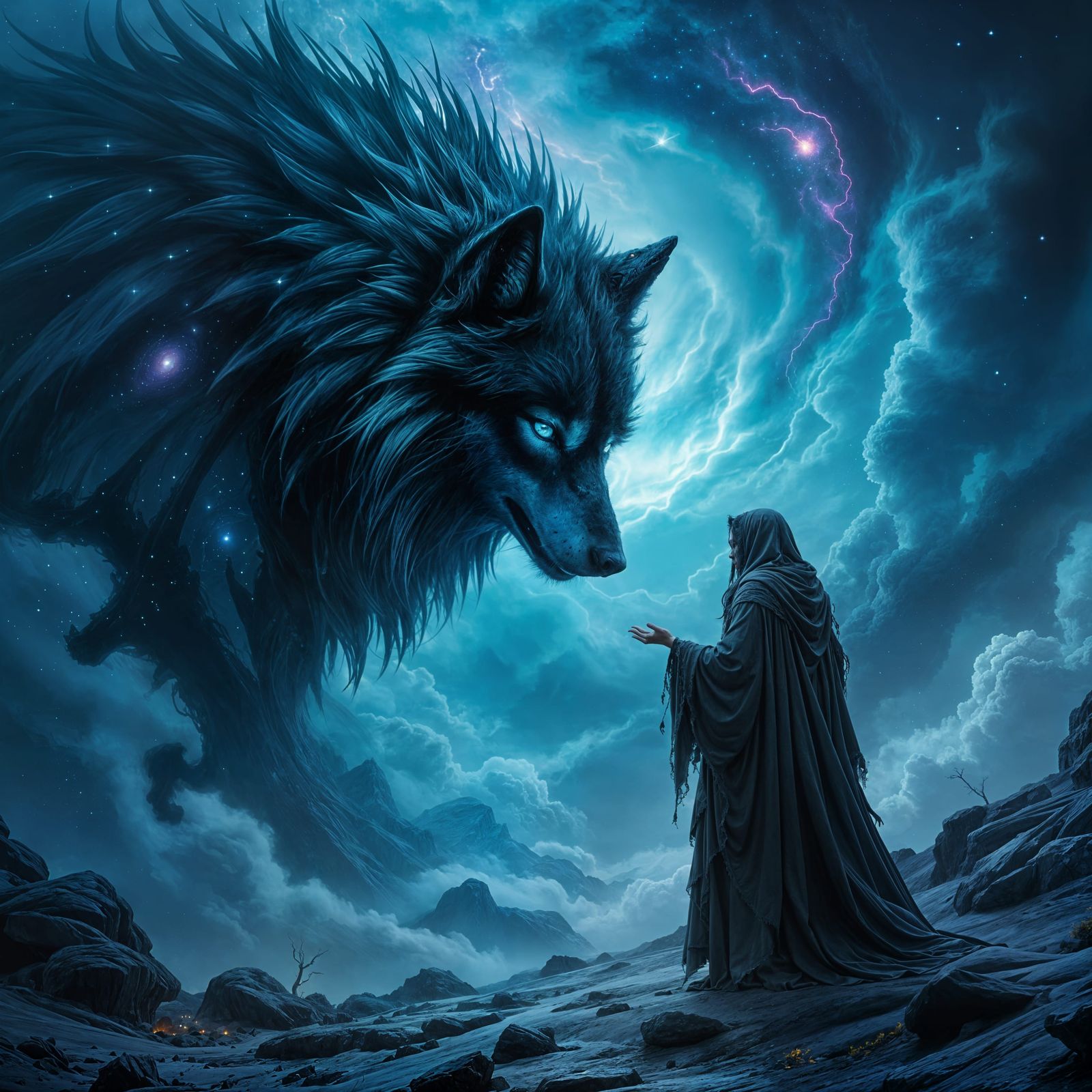 Cosmic Druid and Obsidian Wolf at Galaxy's Edge