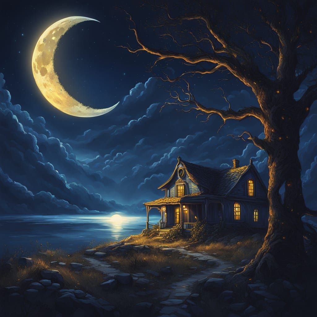 Eerie Moonlit Scene in Dark Fantasy Art Style