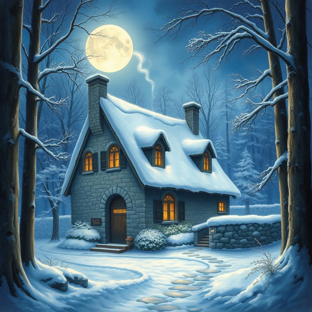 Snowy Cottage in Moonlit Forest, Kinkade Style