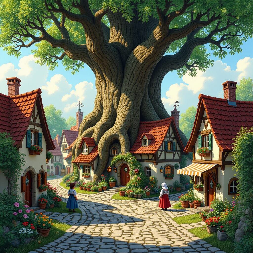 Whimsical Village in Ancient Tree, Photorealistic Style