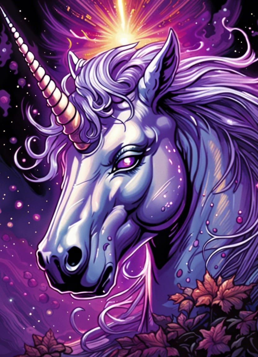 Vibrant Comic Book Unicorn with Purple Eyes