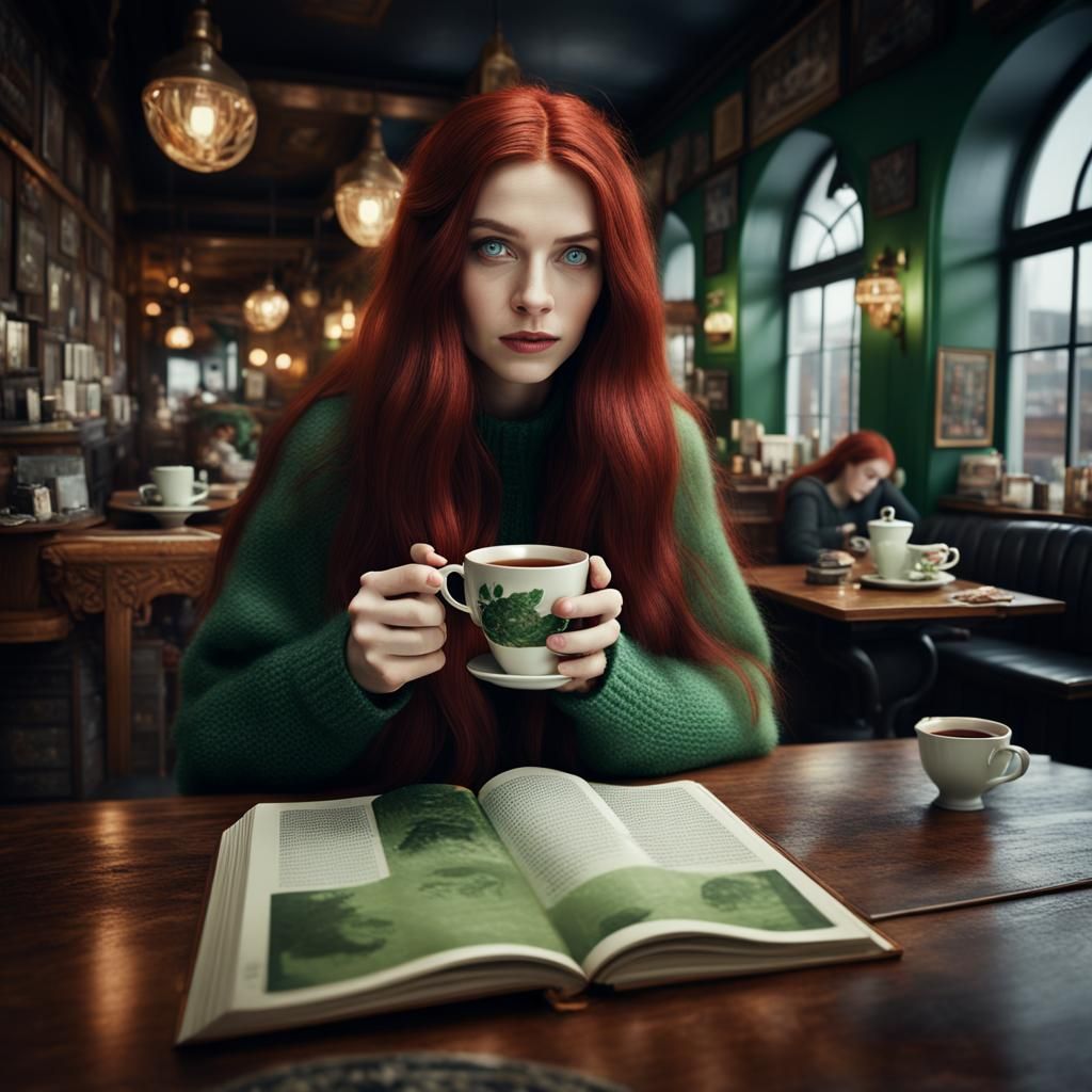 Ginger woman at dark academia cafe
