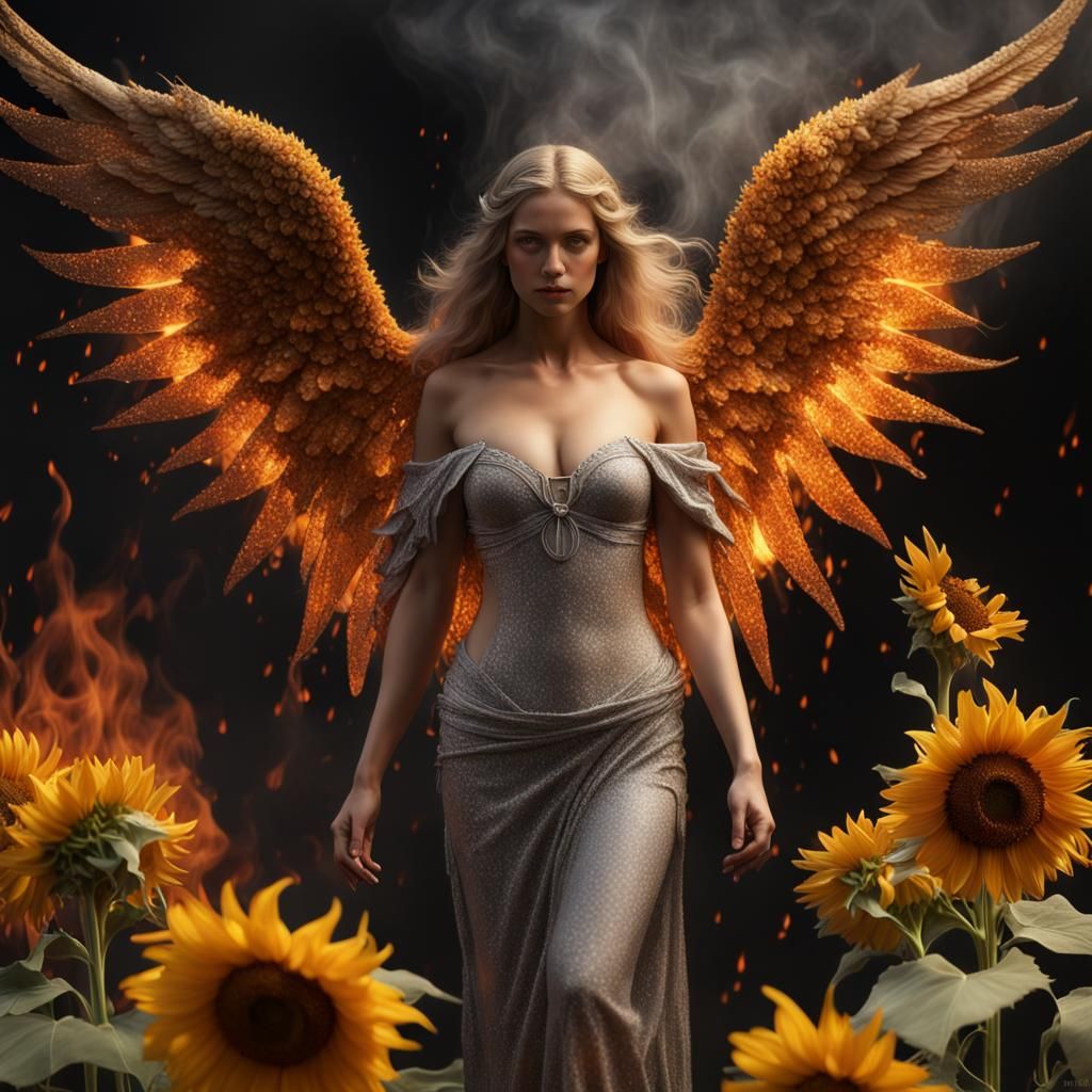 Flaming Angel Among Sunflowers: Photorealistic Dark Art