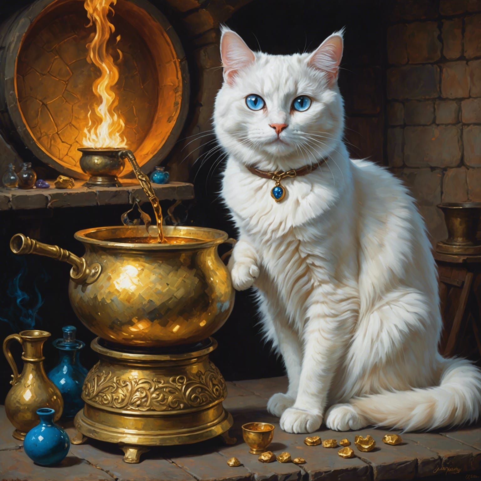 Magical Manx Cat Brews Gold Potion, Oil Painting