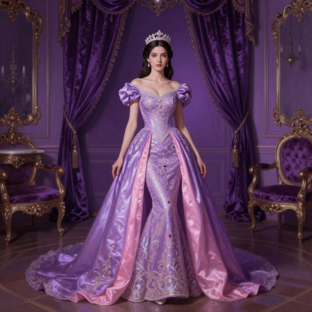 Regal Woman in Opulent Purple Gown in Lavish Room
