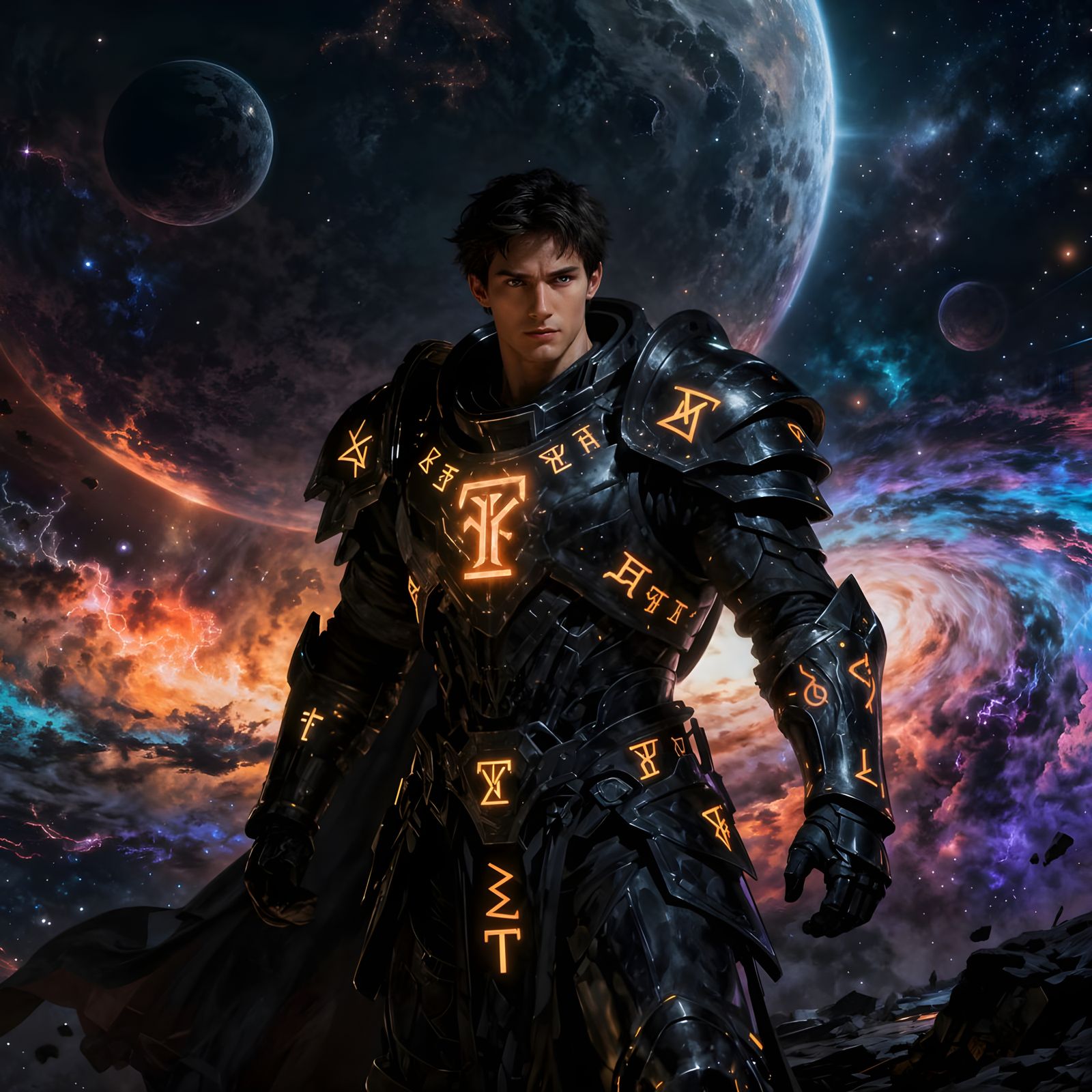 Space Warrior in Cosmic Storm Dark Fantasy Illustration