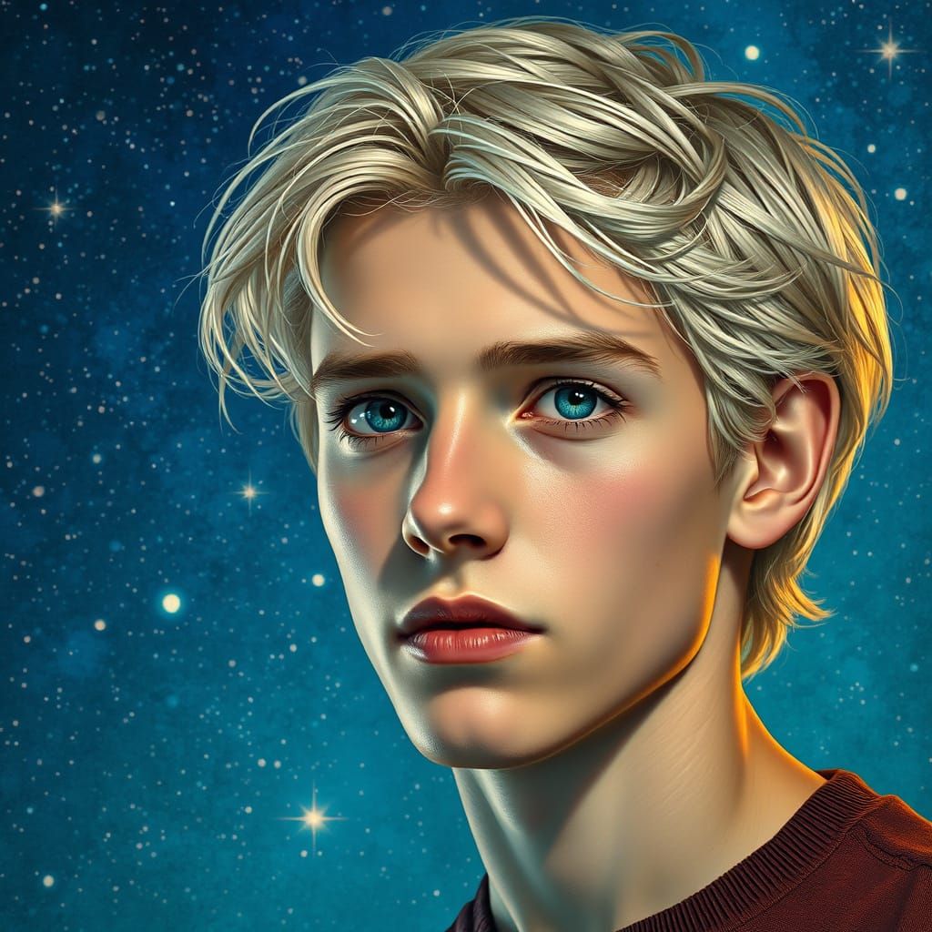 Silver Haired Man with Blue Eyes in Starry Night