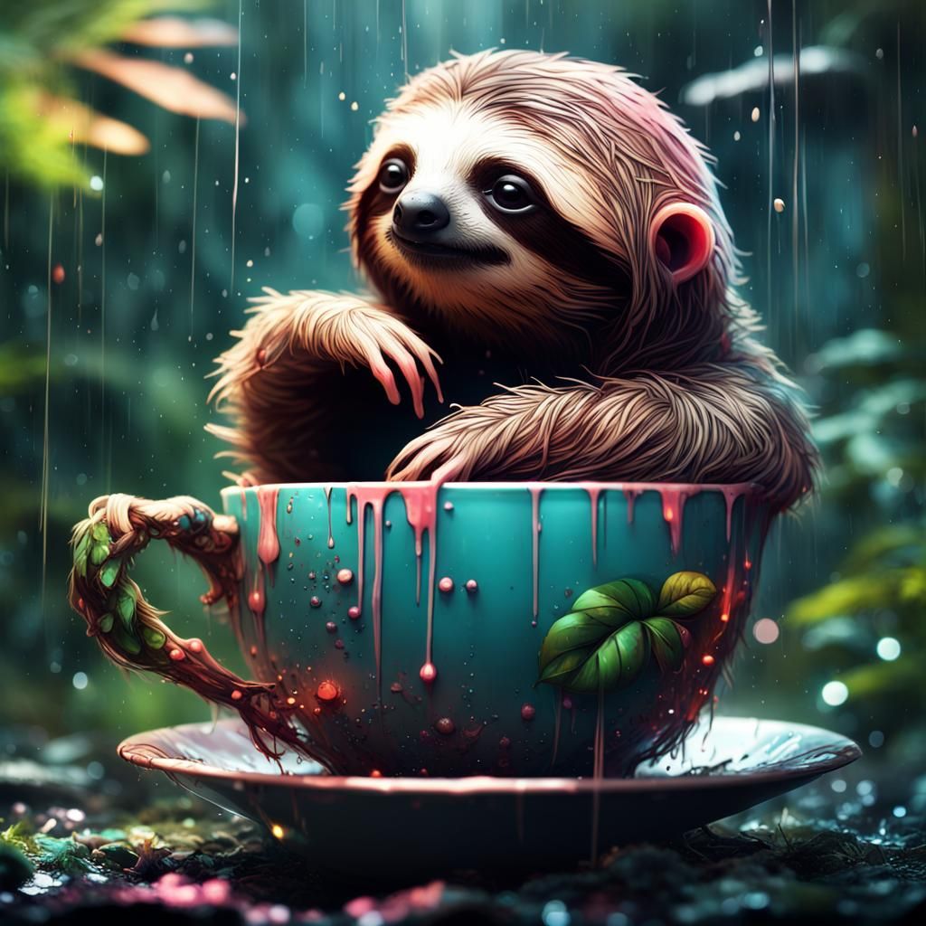 Chibified Sloth in Teacup: Cute Digital Illustration