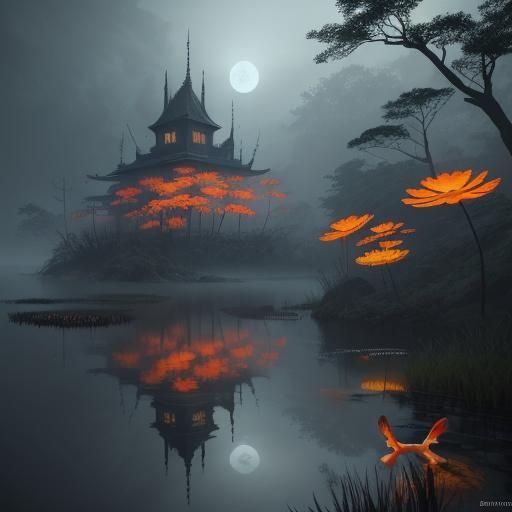 Eerie Dawn: Orange Koi in Misty Swamp, Art Nouveau
