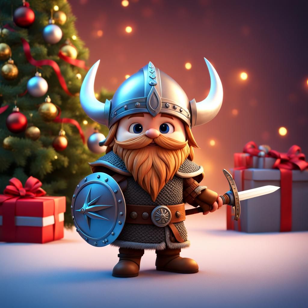 Cute Viking with Christmas Tree, Pixar Style