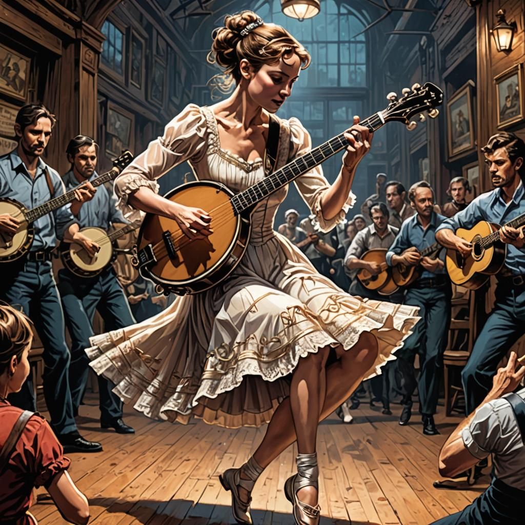 Ballet Dancer Plays Banjo in Comic Book Style