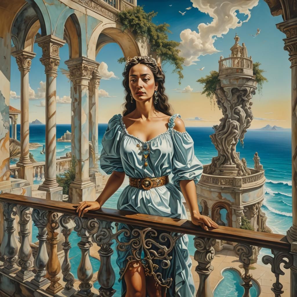 Cancun Balcony View: Surrealist Oil Painting