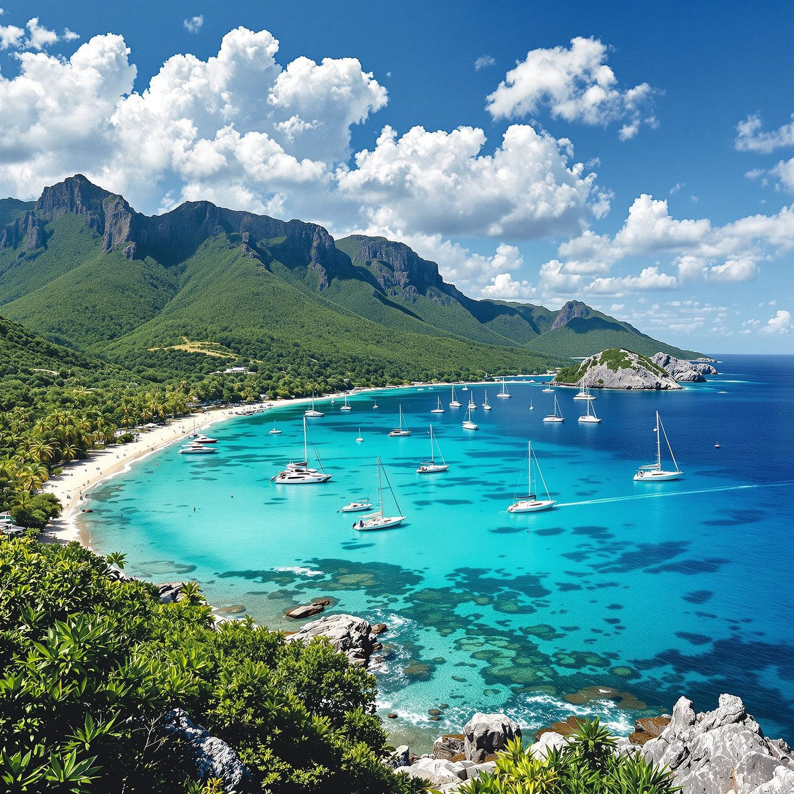 Caribbean Bay with Sailboats: Turquoise Waters & Lush Coastl...