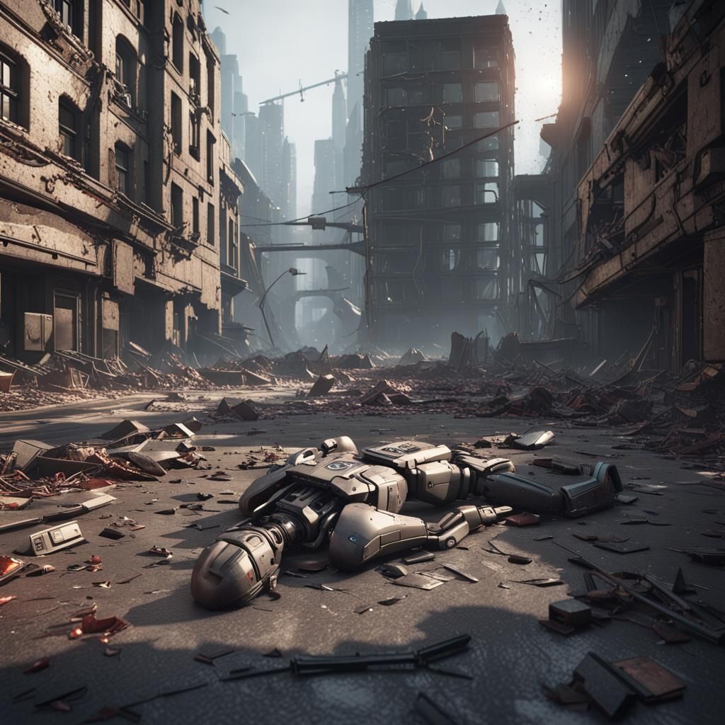 Dystopian City in Ruins with Broken Androids