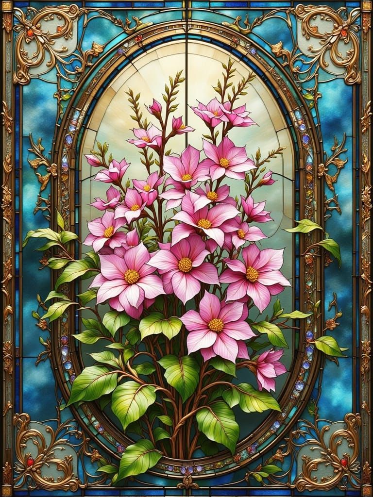 Victorian Stained Glass Flowers in Gold Frame