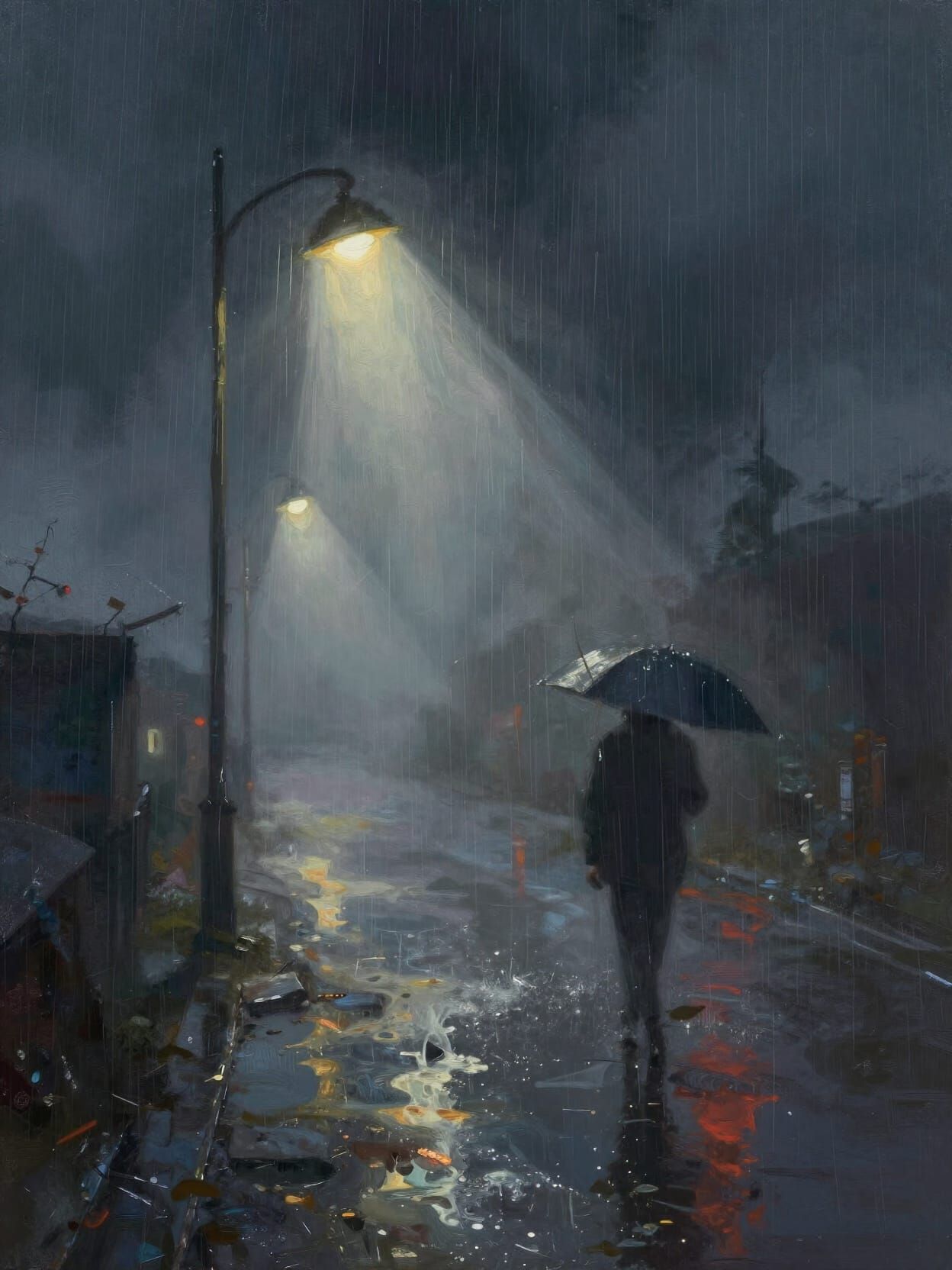 Expressive cinematic rain scene, dramatic stormy rain pouring from the sky, glowing lights cutting through rain and fog,...