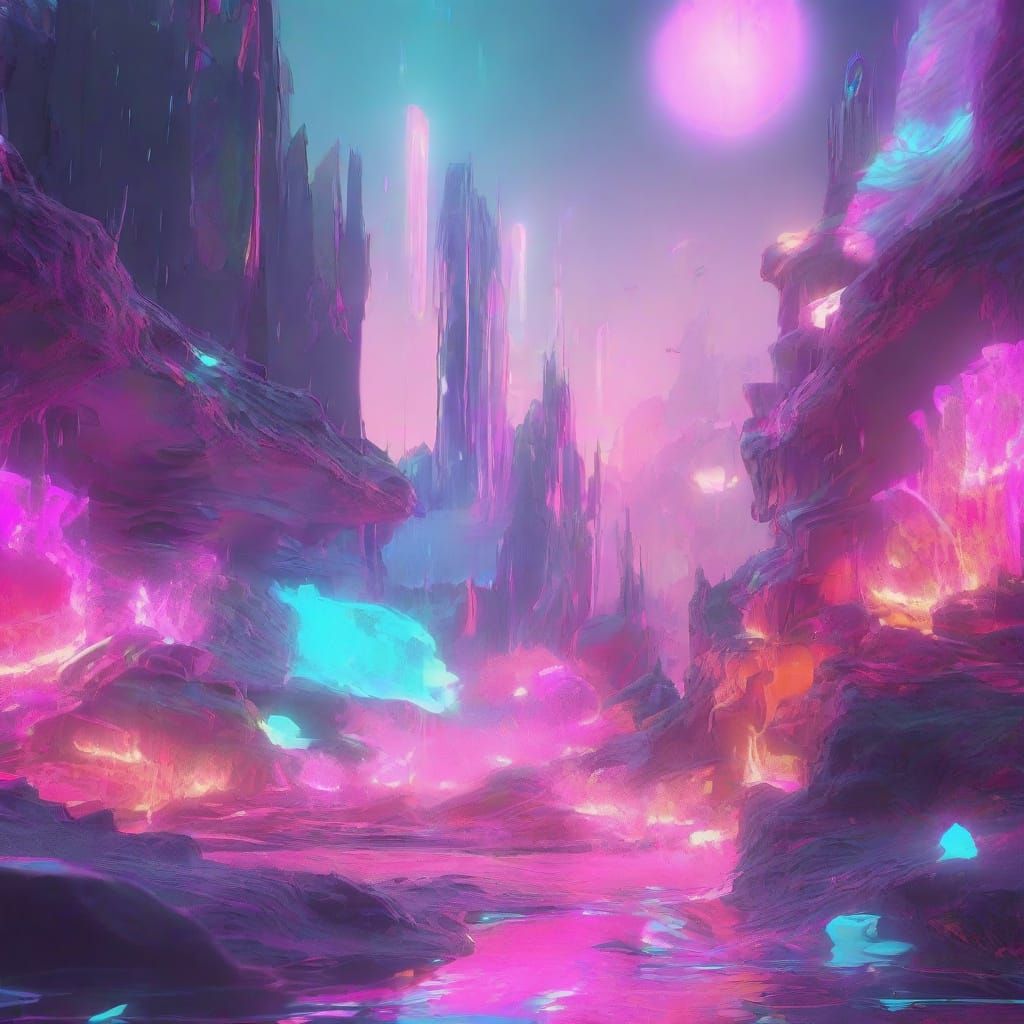 Surreal Neon Kaleidoscope of Medieval Life by River