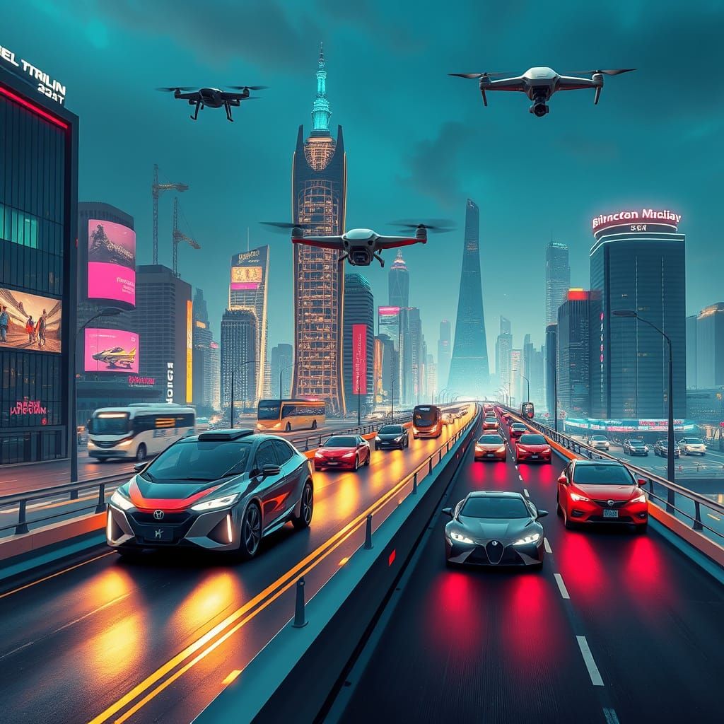 Futuristic Cityscape with Autonomous Vehicles and Drones