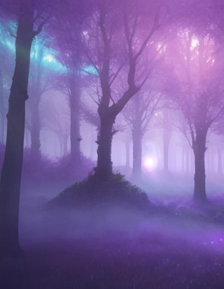 Magical ethereal purple forest with purple trees& fantasy vibes& magical vibes& ethereal vibes& realistic vibes& shimmer...
