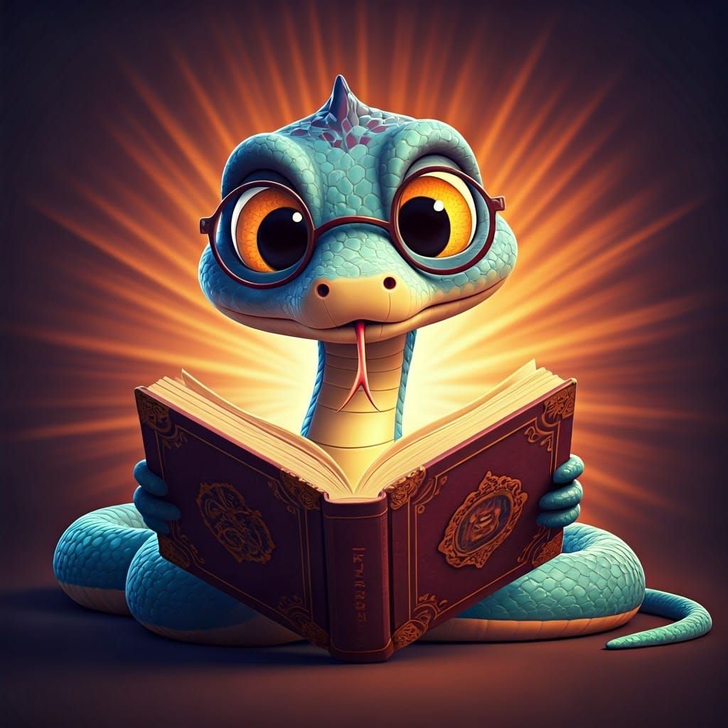 Adorable Snake Reading Book: 3D Digital Art