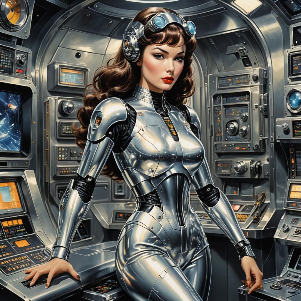 Chrome Robot Pinup in Retro Space Cabin