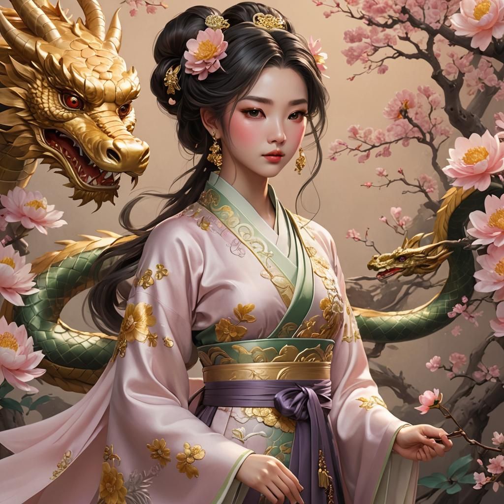Elegant Anime Girl with Dragon in 3D Art
