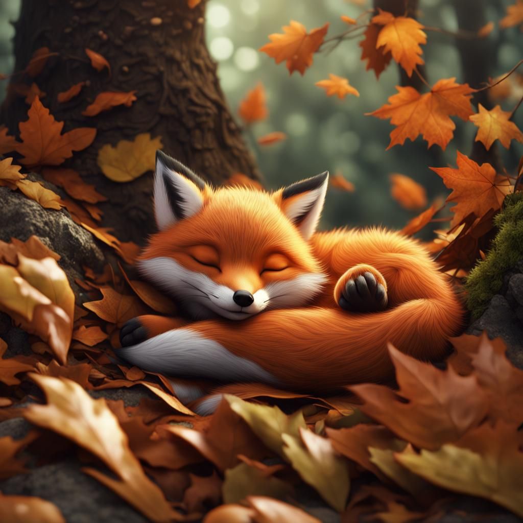 Cute Fox Cub Sleeping on Autumn Leaves