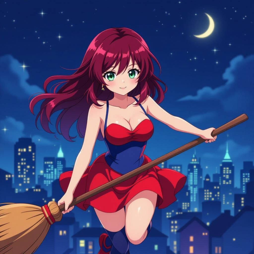 Anime Woman Flying Broom Over Night City in Cel-Shaded Style