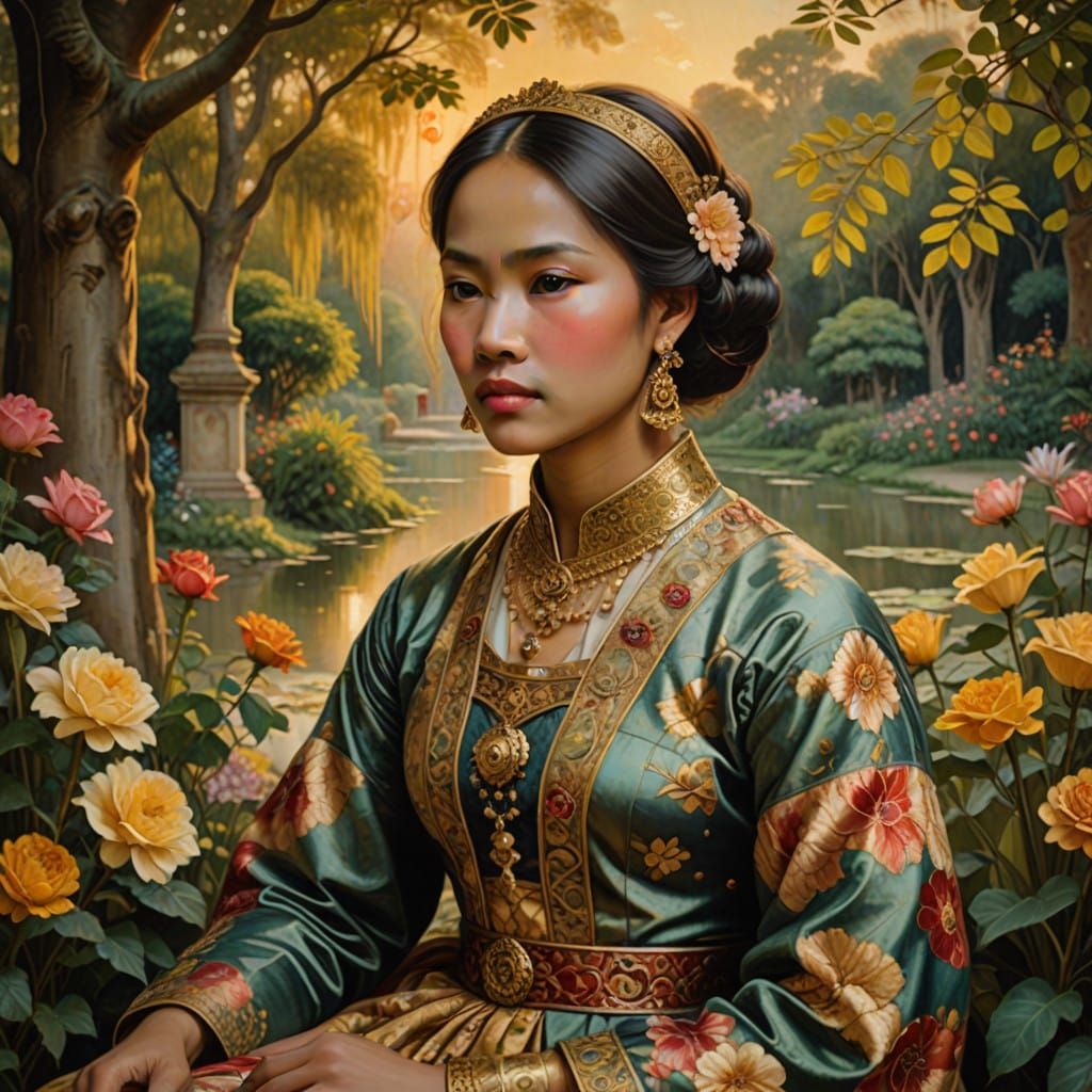 A Serene Burmese Woman in Traditional Attire, Amidst a Vibra...