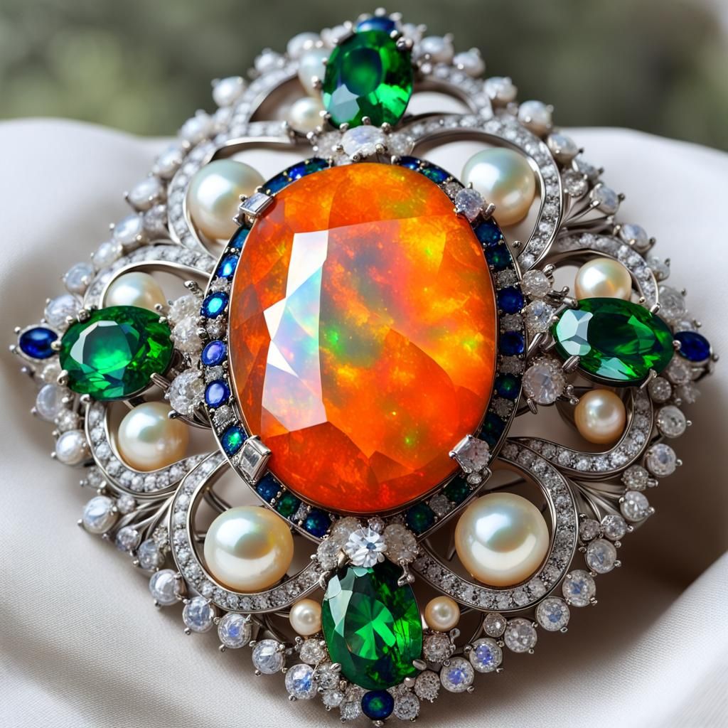 A large Australian Fire Opal stone set in the centre of a brooch, with emeralds, pearls, sapphires and diamonds.