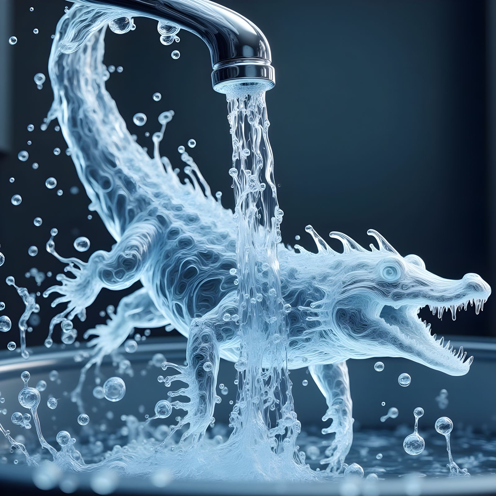 Surrealistic Water Crocodile Emerge from Faucet in Photoreal...