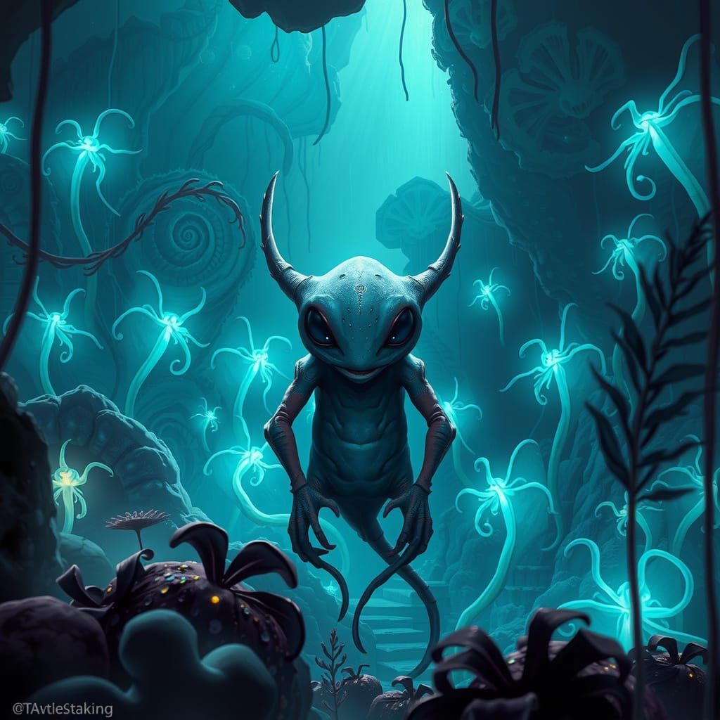 Mystical Murloc in Bioluminescent Cavern, Surreal Art