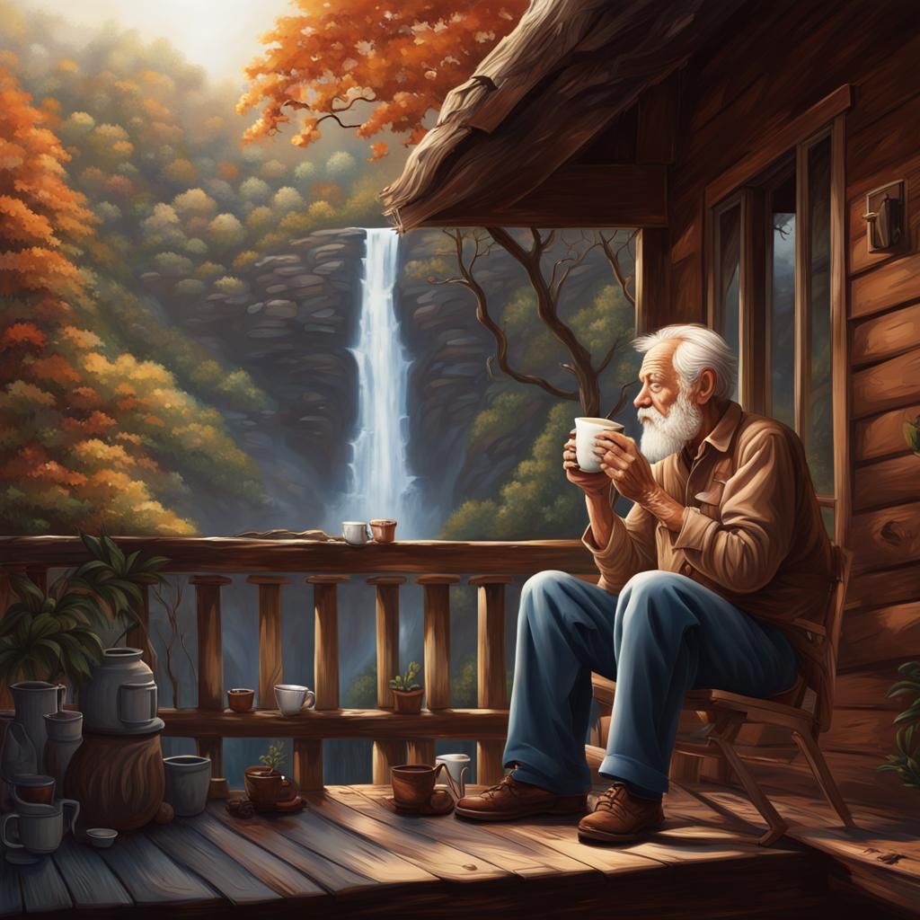 Hyperrealistic Old Man Drinking Coffee Overlooking Waterfall