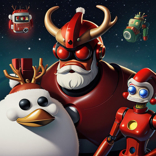 Cyberpunk Robot Santa with Laser Red Eyes and Robot Reindeer