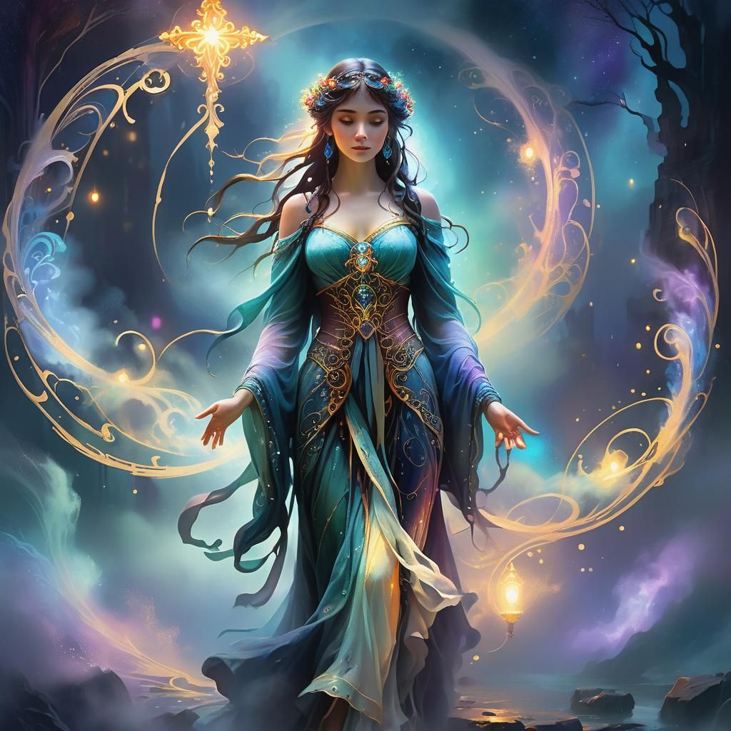 Mystical Figure at Crossroads in Ethereal Concept Art