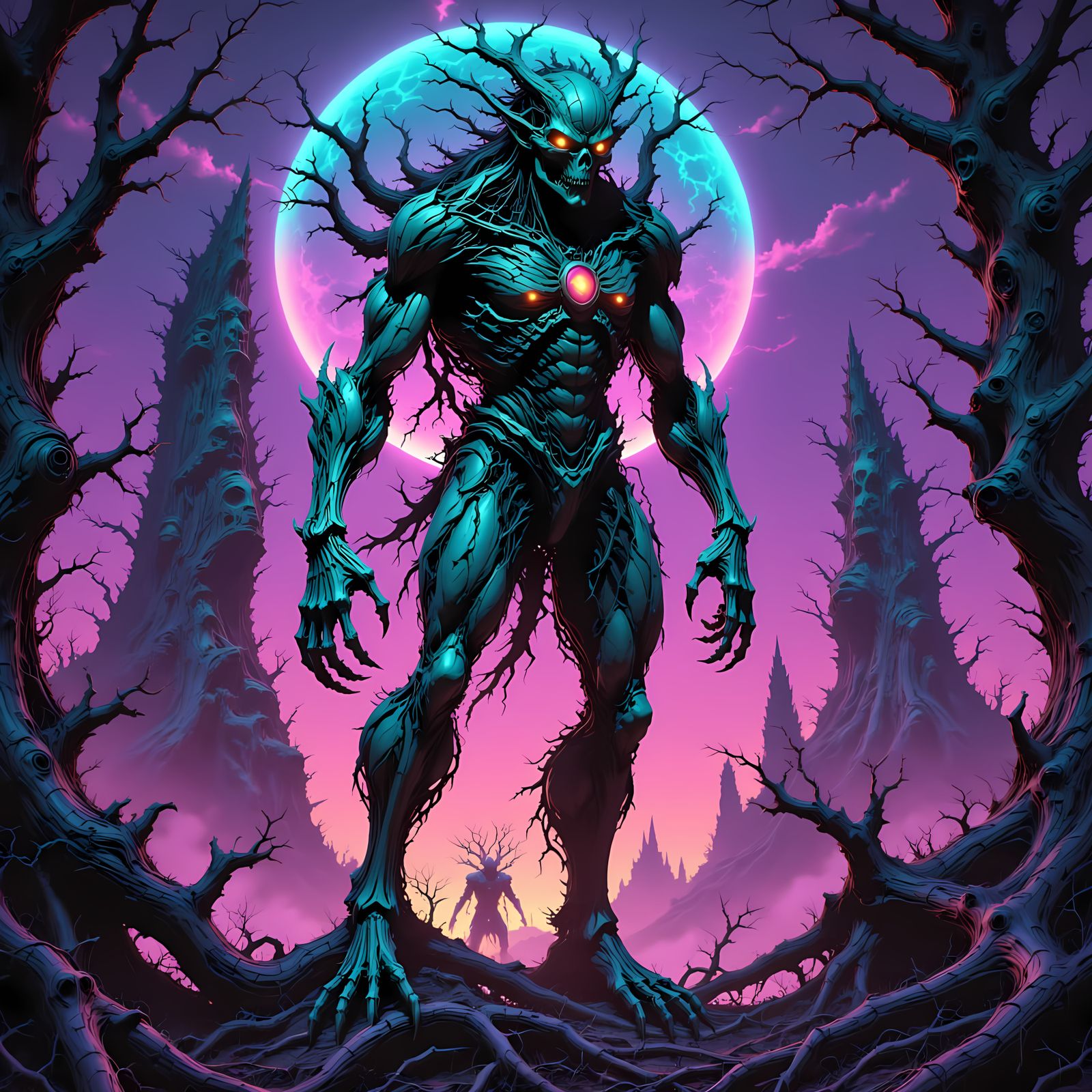 Cyborg Mecha-Demon Surrounded by Futuristic Urban Landscape