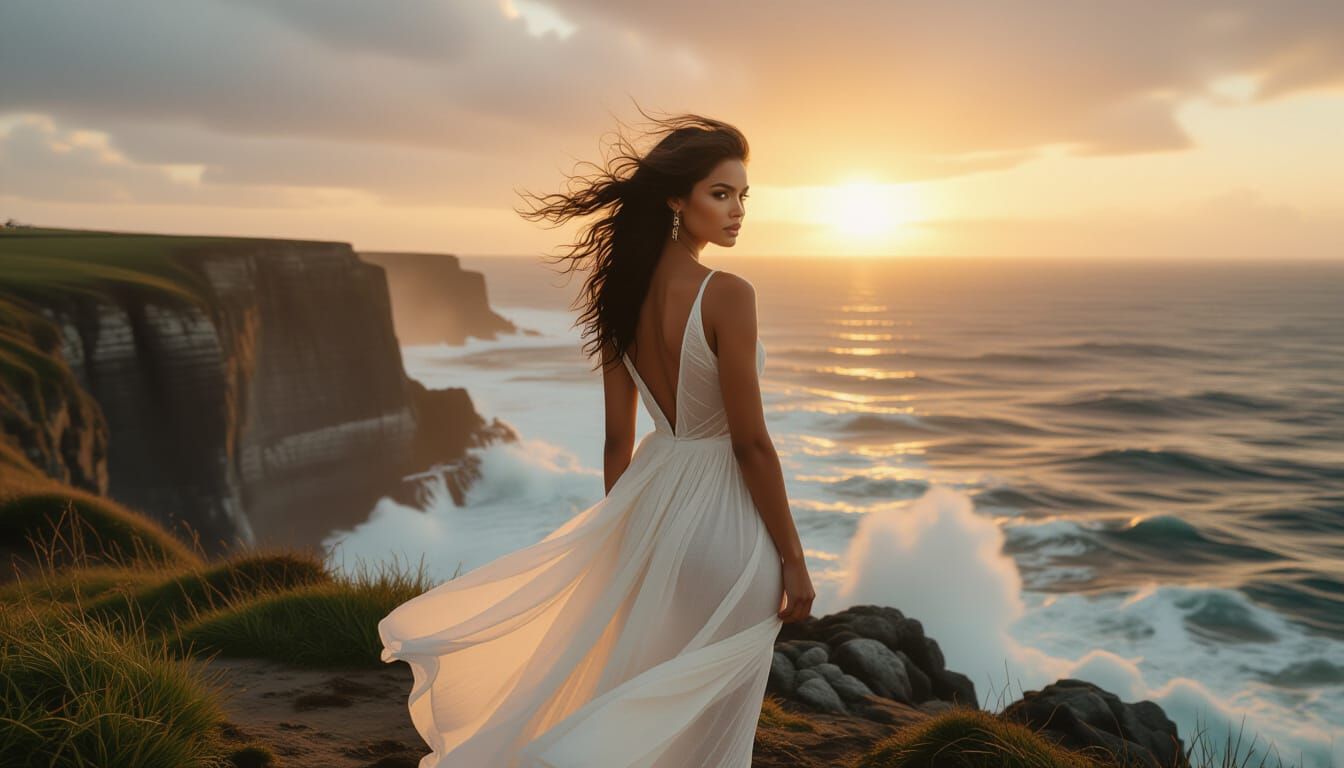 Windswept Woman Overlooking Stormy Sunset, Fashion Photograp...
