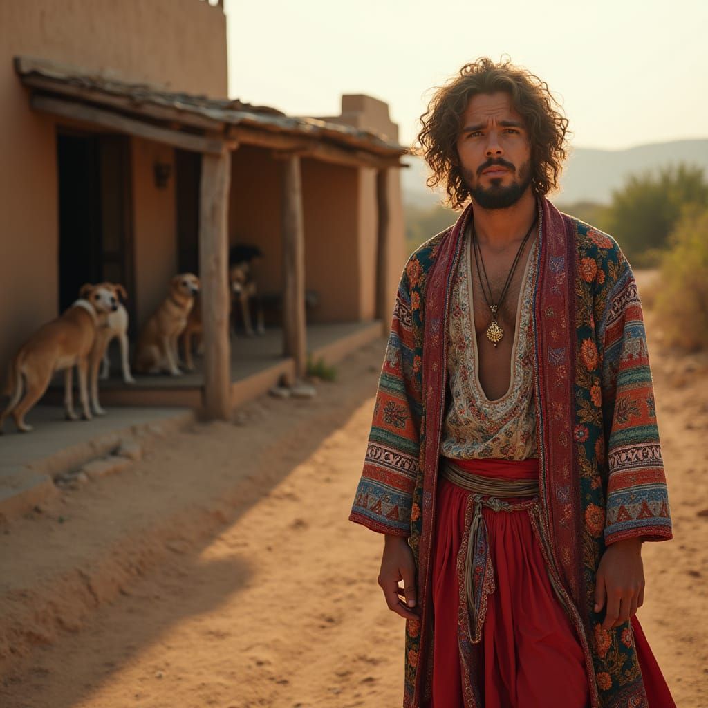 Hyperrealistic Gypsy Man by Colorful Wagon at Golden Hour