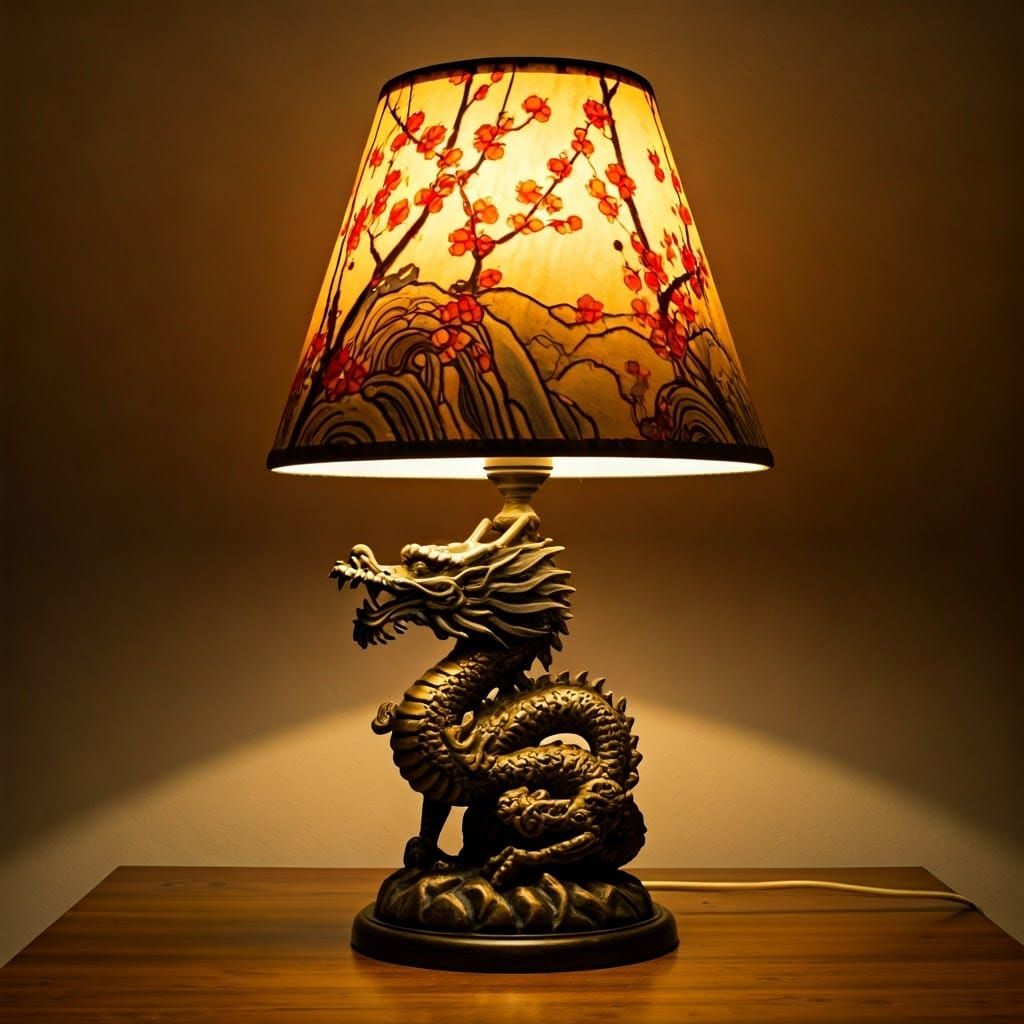 Dragon Lamp with Cherry Blossom Shade in Art Nouveau Style